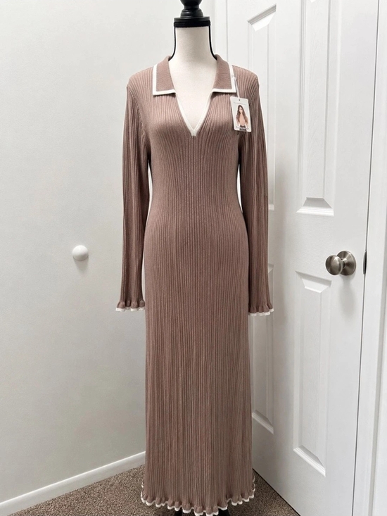 PrettyGarden Dresses & Skirts - PrettyGarden Ribbed Sweater Maxi Dress XL NWT Taupe biege Contrast Trim Knit Dre
